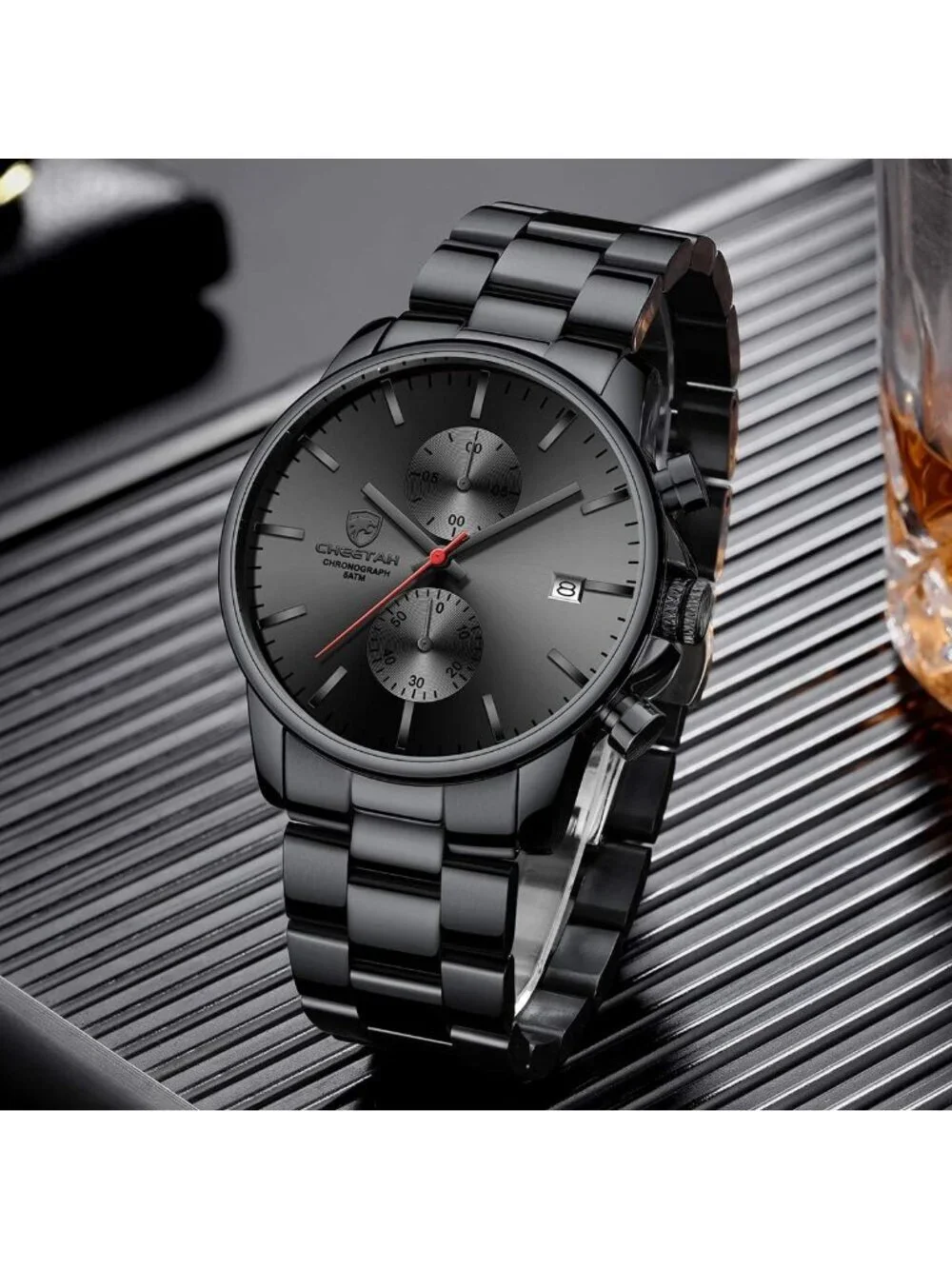 Mens Black Red Classic Stainless Steel Waterproof Chronograph Quartz Round Watch